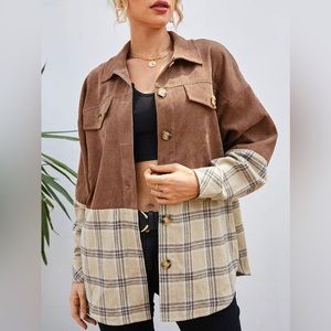 Ladies brown plaid flannel corduroy pattern flannel shirt jacket shacket